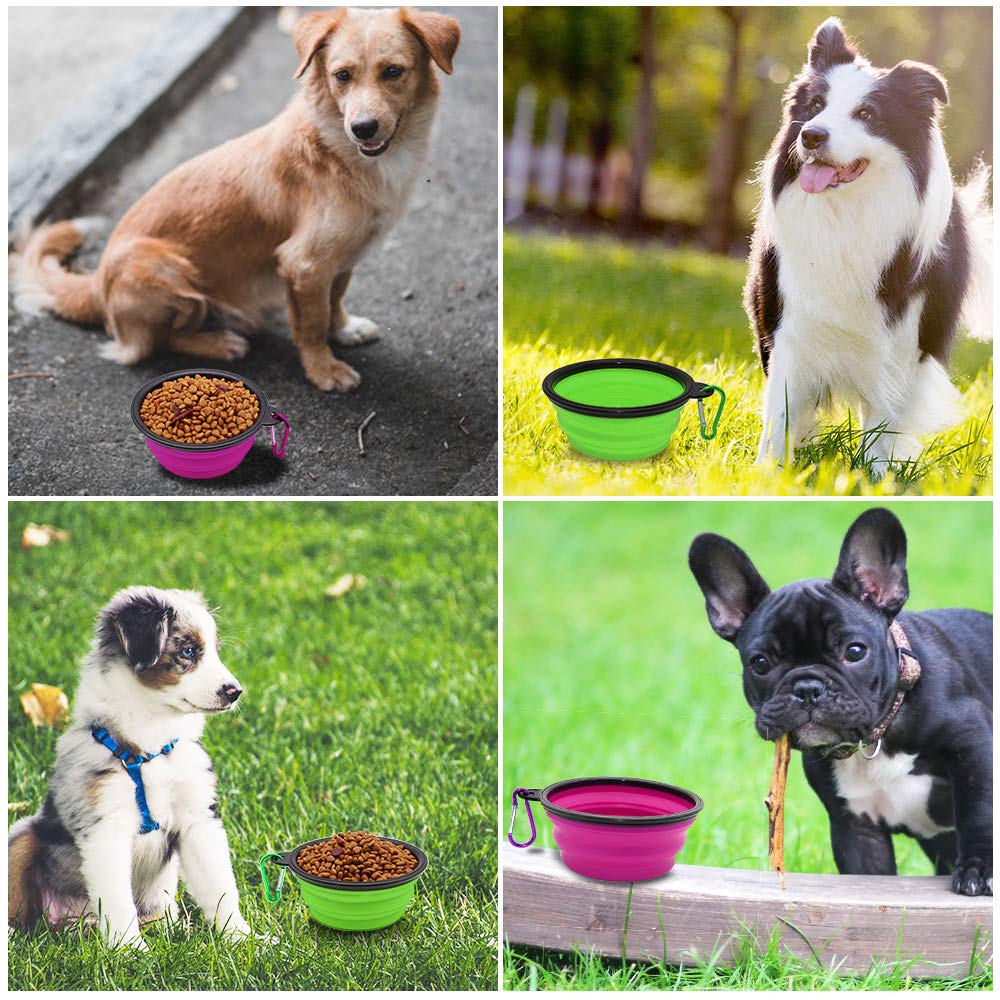 Dog Bowl Pet Collapsible Bowls, 2 Pack Collapsible Dog Water Bowls for Cats Dogs, Portable Pet Feeding Watering Dish for Walking Parking Traveling with 2 Carabiners (Small, Green+Purple)