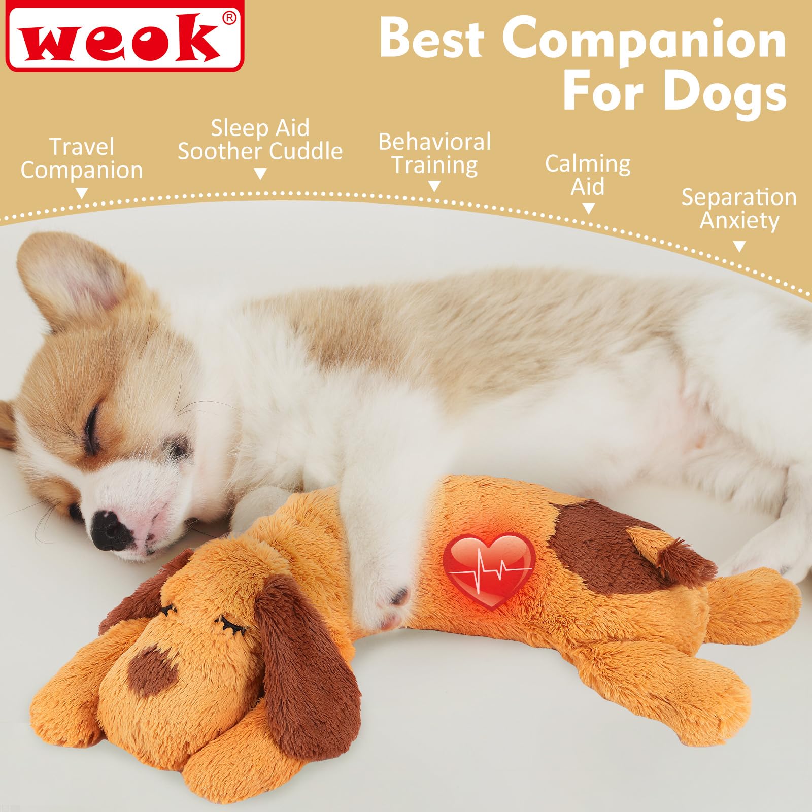 WEOK Heartbeat Puppy Toy - Comfort Cuddler Pillow, Dog Anxiety Relief Calming Aid,Heartbeat Stuffed Toy for Dogs,Puppy Heartbeat Toy Sleep Aid,Dog Heartbeat Toy for Pet