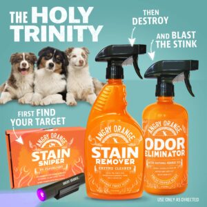 ANGRY ORANGE Pet Odor Eliminator for Strong - Citrus Deodorizer Dog or Cat Pee Smells on Carpet, Furniture & Indoor Outdoor Floors Puppy Supplies (24 Fl Oz + UV Flashlight)