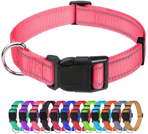 TagME Reflective Nylon Dog Collars, Adjustable Classic Dog Collar with Quick Release Buckle for Puppy, Baby Pink, 3/8" Width