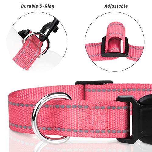 TagME Reflective Nylon Dog Collars, Adjustable Classic Dog Collar with Quick Release Buckle for Puppy, Baby Pink, 3/8" Width