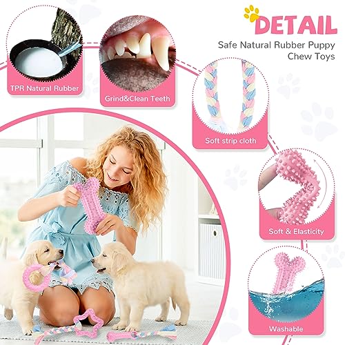 BAEJMJK 6 Pack Puppy Teething Toys Pink Small Breed Dog Chew Toys with Rope Cute Soft Rubber Puppy Toys Set for Cleaning Teeth Interactive Pet Doggy Bone Toys