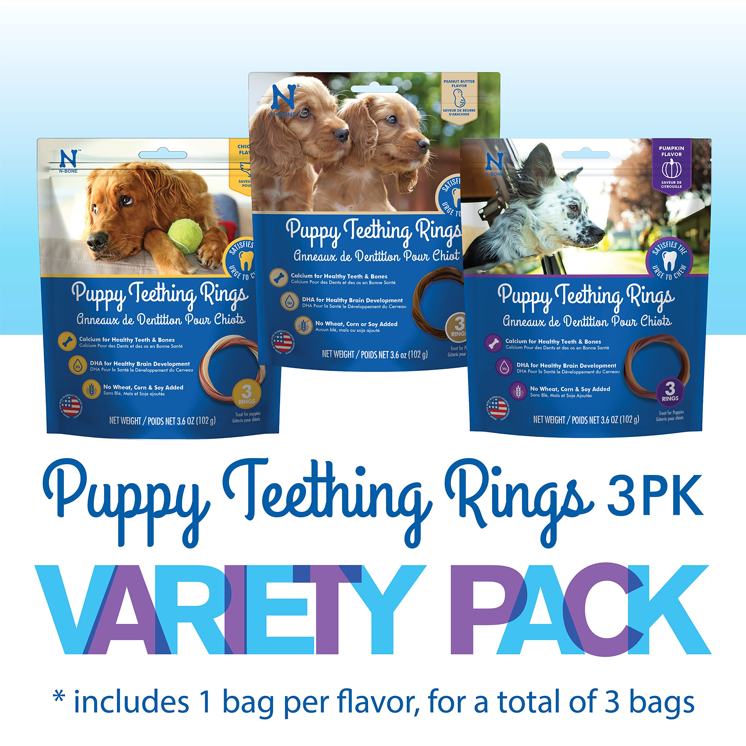 N-Bone Puppy Teething Rings 3 Count Bag Variety Pack, Chicken & Pumpkin & Peanut Butter Flavor, Total 3 Bags, 10.8-oz, 9 Rings