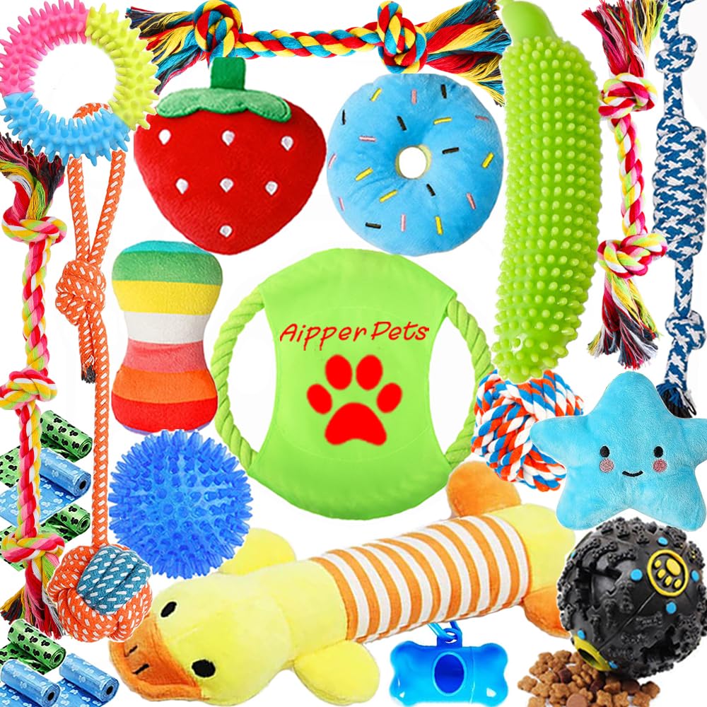 Aipper Dog Puppy Toys 23 Pack, Puppy Chew Toys for Fun and Teeth Cleaning, Dog Squeak Toys,Treat Dispenser Ball, Tug of War Toys, Puppy Teething Toys, Dog Rope Toys Pack for Puppy to Small Dogs