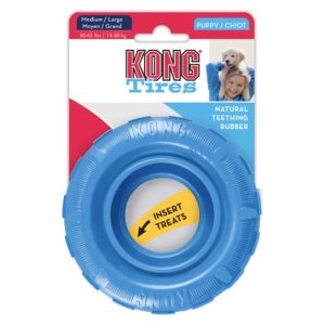 KONG Puppy Tires - Dog Chew Toy for Puppies - Stuffable Dog Toy for Treats & Snacks - Natural Rubber Chew Toy for Teething Puppy - for Medium/Large Puppies - Assorted Colors