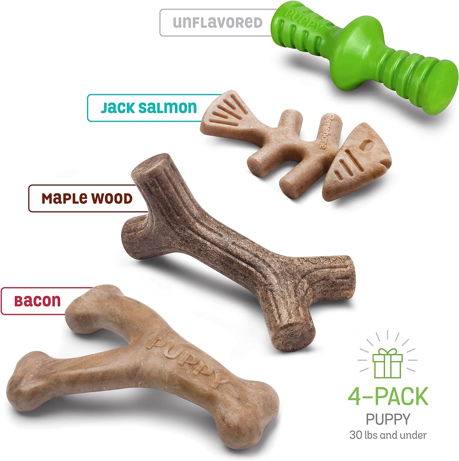 Benebone Puppy Holiday 4-Pack Dog Chew Toys, Made in USA, 30lbs and Under, for Modest Chewers, All Breed Sizes