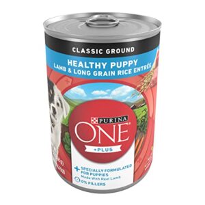 purina one plus wet puppy food classic ground healthy puppy lamb and long grain rice entree - (pack of 12) 13 oz. cans