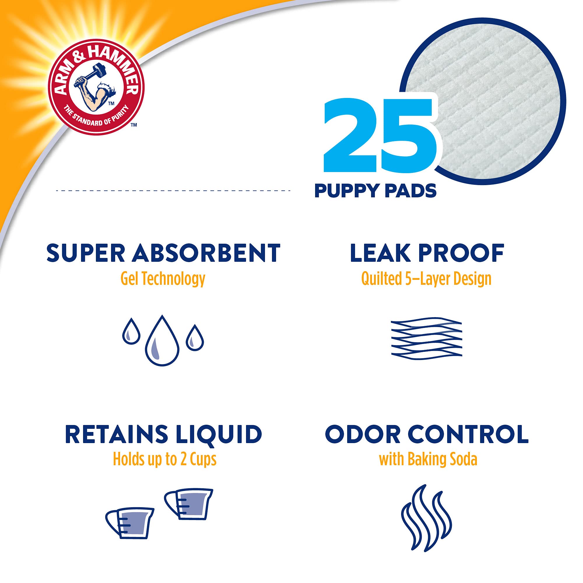 Arm & Hammer for Dogs Puppy Training Pads with Attractant | New & Improved Super Absorbent, Leak-Proof, Odor Control Quilted Puppy Pads with Baking Soda | 25 Count Bulk Wee Wee Pads,White