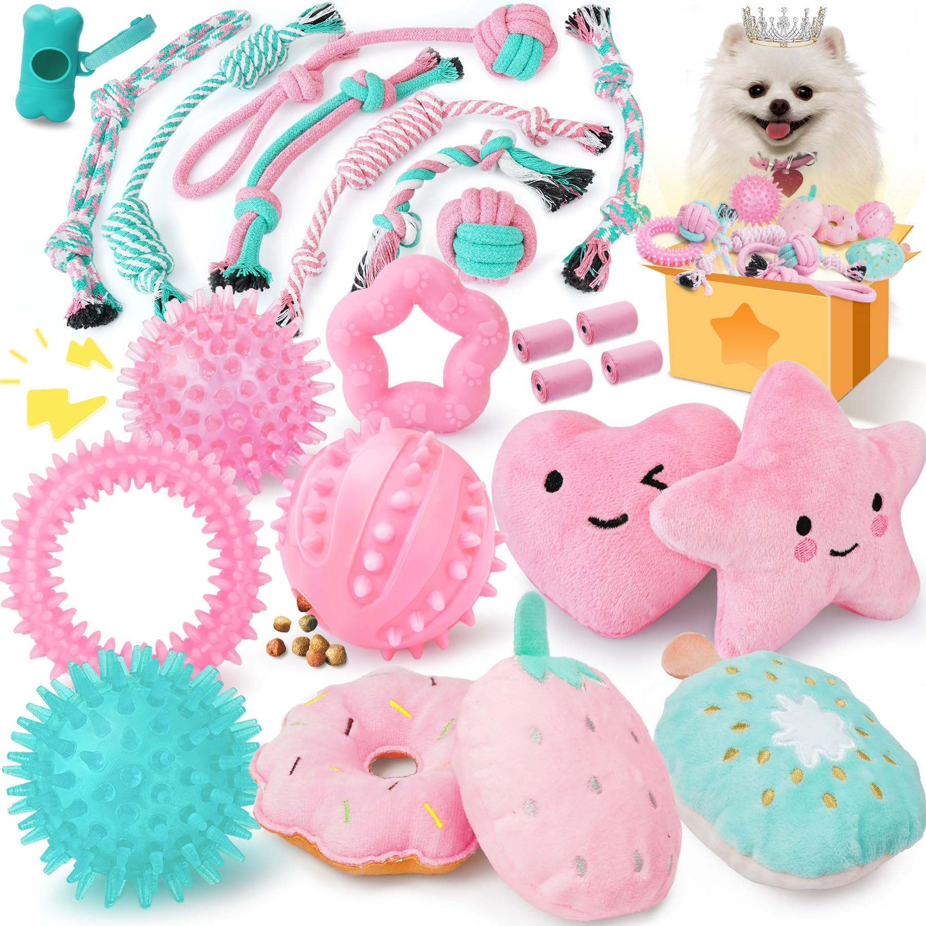 XIUGOAL Pink Puppy Toys for Boredom - 23 Pack Puppy Chew Toys for Teething, Interactive Dog Toys for Puppies, Cute Small Dog Toys with Treat Ball, Squeaky Dog Chew Toys and Ropes