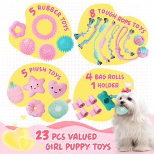 XIUGOAL Pink Puppy Toys for Boredom - 23 Pack Puppy Chew Toys for Teething, Interactive Dog Toys for Puppies, Cute Small Dog Toys with Treat Ball, Squeaky Dog Chew Toys and Ropes