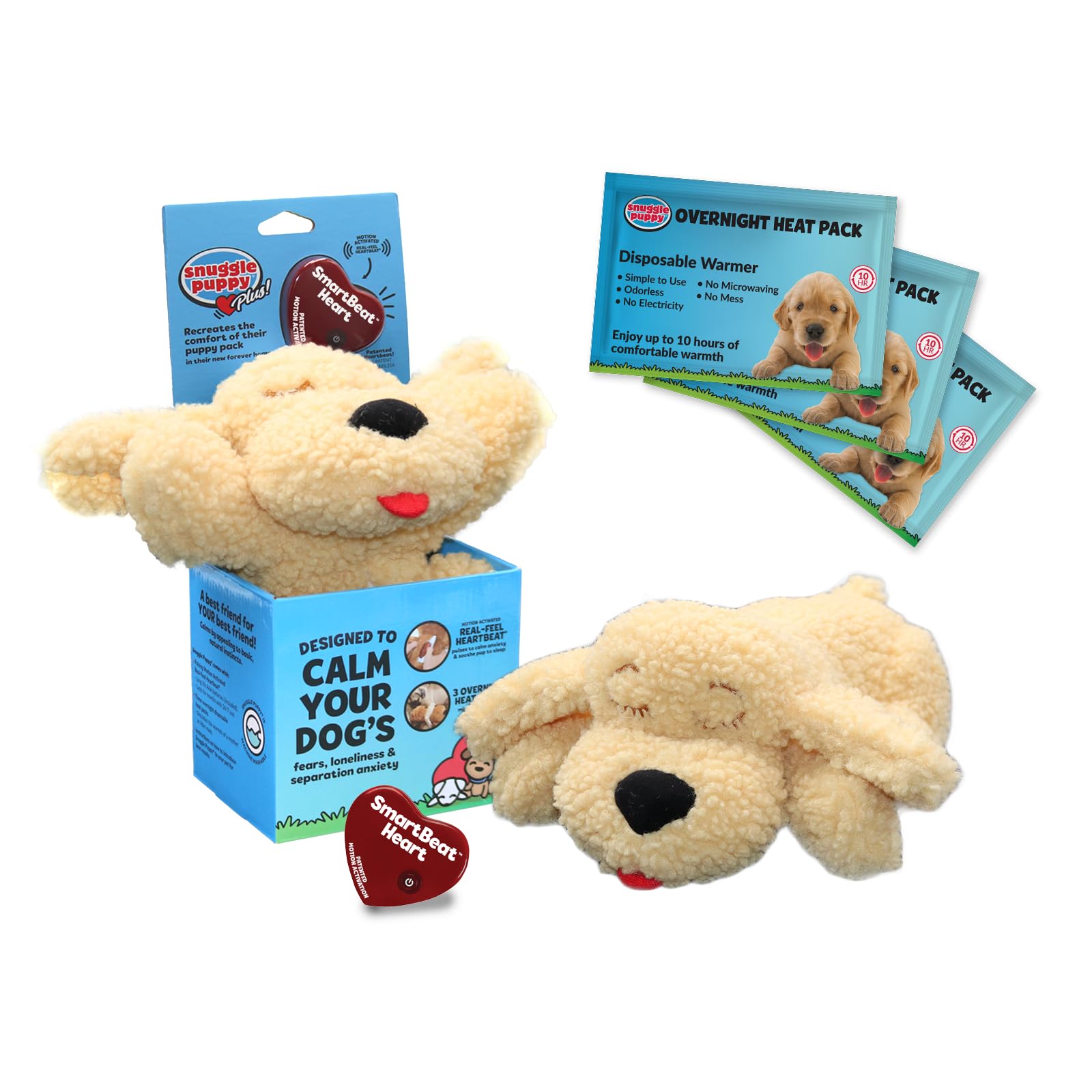 Snuggle Puppy Plus with 3 Heat Packs & All New Smartbeat Motion Activated RealFeel Heartbeat, Pet Anxiety Relief and Calming Aid - Comfort Toy for Behavioral Training (Doodle)