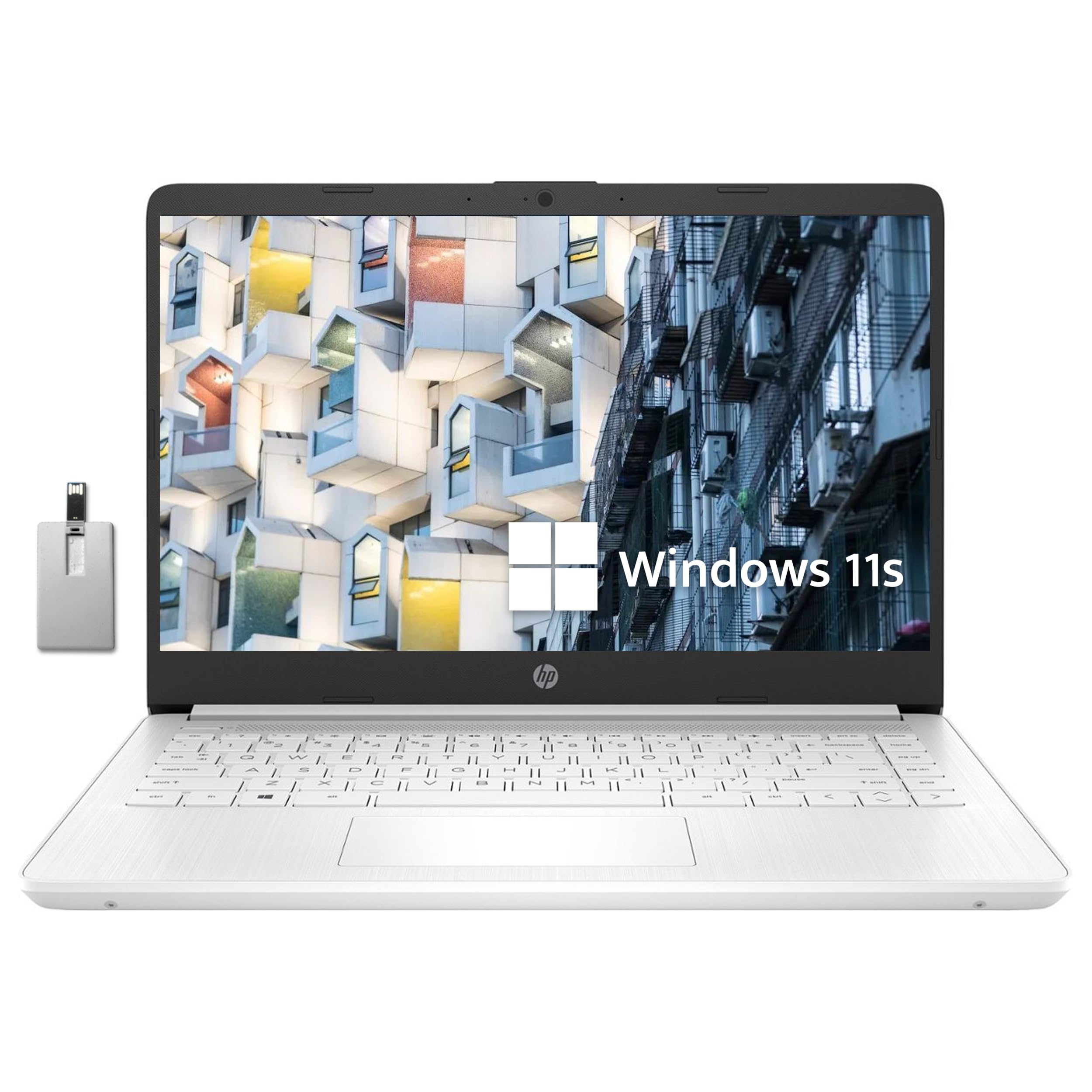 HP 2023 Premium 14" Stream HD Laptop, Intel Celeron N4120 CPU, 4GB RAM, 64GB eMMC, Webcam, UHD Graphics, Bluetooth, WiFi, HDMI, 1 Year Office 365, Win 11s, White, 32GB Hotface USB Card