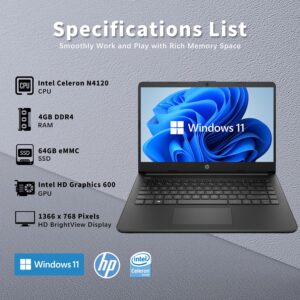 HP Stream Laptop 14" HD, Intel Celeron N4020 Processor, 4GB DDR4 RAM, 64GB SSD, Intel HD Graphics, 720p Webcam, 1 Year Office 365, White, Win 11 S, Alpacatec Accessories