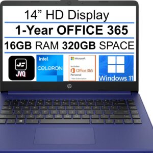 HP 2022 Newest Stream 14" HD Laptop, Intel Celeron N4020(up to 2.8GHz), 16GB RAM, 320GB Space(64GB eMMC+256GB Card), 1-Year Office 365, WiFi, HDMI, USB-C, Webcam, Bluetooth, Windows 11S, Blue+JVQ MP