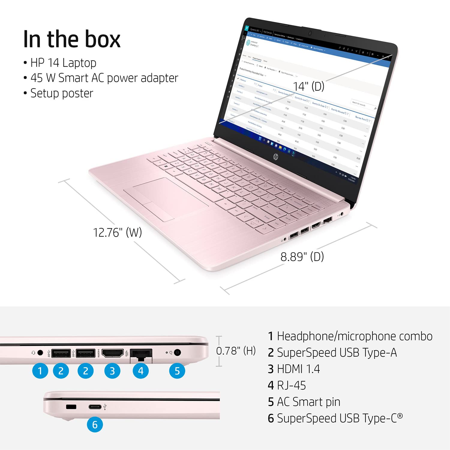 HP Premium 14-inch HD Thin and Light Laptop, Intel Dual-Core Processor, 32GB RAM, 64GB Storage, Long Battery Life, Webcam, Bluetooth, HDMI, Wi-Fi, Pink, Windows 11 + 1 Year Microsoft 365