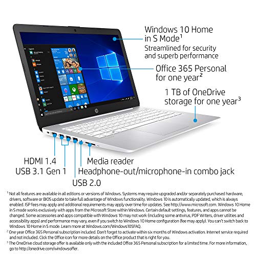 HP Stream 14-inch HD Touchscreen Laptop, Intel Celeron N4000, 4 GB RAM, 64 GB eMMC, Windows 10 Home in S Mode With Office 365 Personal For 1 Year (14-cb193nr, Diamond White)