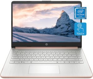 hp 14 laptop, intel celeron n4020, 16gb ram, 64 gb emmc storage, 14-inch hd touchscreen, win11, thin & portable, 4k graphics, one year of microsoft 365, rose gold, w/galimu