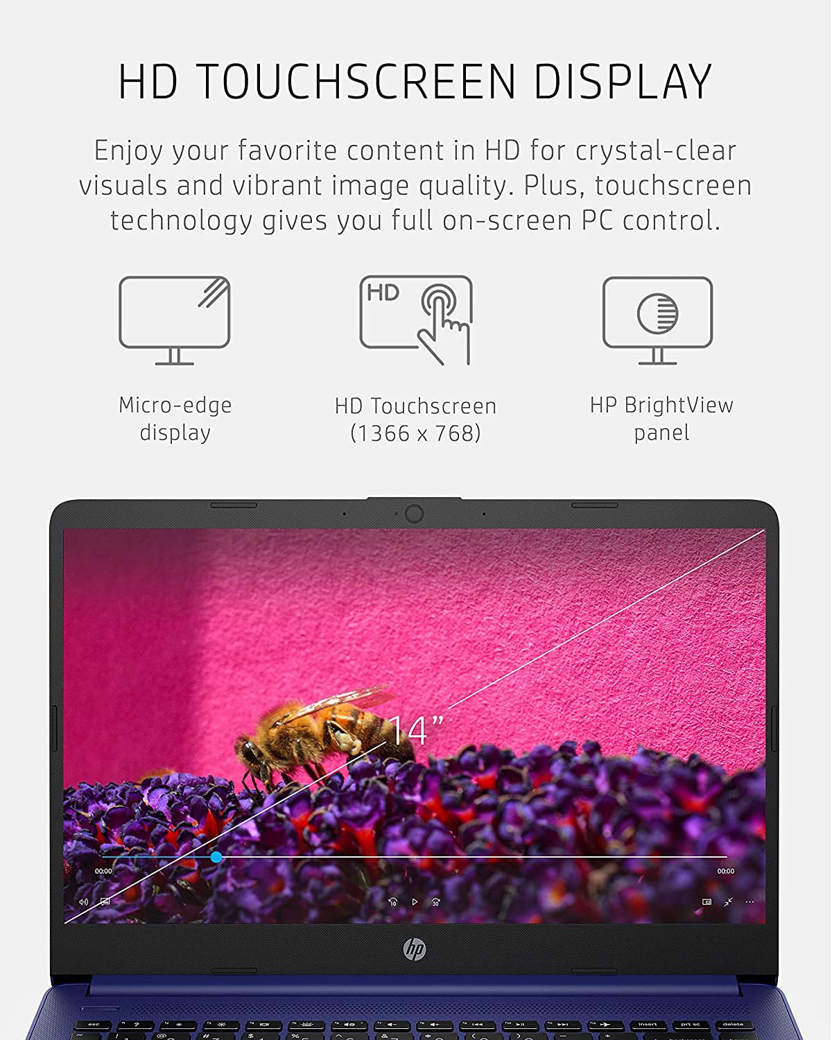 HP 14 Laptop, Intel Celeron N4020, 8GB RAM, 64 GB Storage, 14-inch HD Touchscreen, Intel UHD Graphics 600, Windows 11, Thin & Portable, 4K Graphics, One Year of Microsoft 365, Indigo Blue