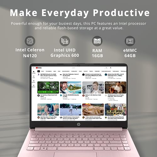 HP Stream 14" HD BrightView Laptop, Intel Celeron N4020 Processor, 16GB RAM, 64GB SSD, Intel HD Graphics, 720p HD Webcam, 1 year Office 365, Pink, Win 11, 32GB Hotface USB Card