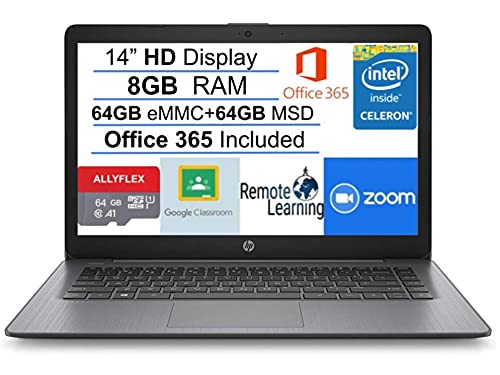 hp 2021 Newest Stream 14" HD SVA Laptop Computer, Intel Celeron N4020, 8GB RAM, 128GB Space(64GB eMMC+64GB MSD), Office 365, HDMI, Bluetooth, Windows 10, Black, AllyFlex MP, Online Class Ready