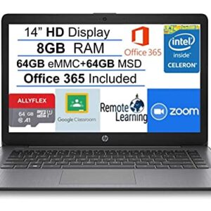 hp 2021 Newest Stream 14" HD SVA Laptop Computer, Intel Celeron N4020, 8GB RAM, 128GB Space(64GB eMMC+64GB MSD), Office 365, HDMI, Bluetooth, Windows 10, Black, AllyFlex MP, Online Class Ready