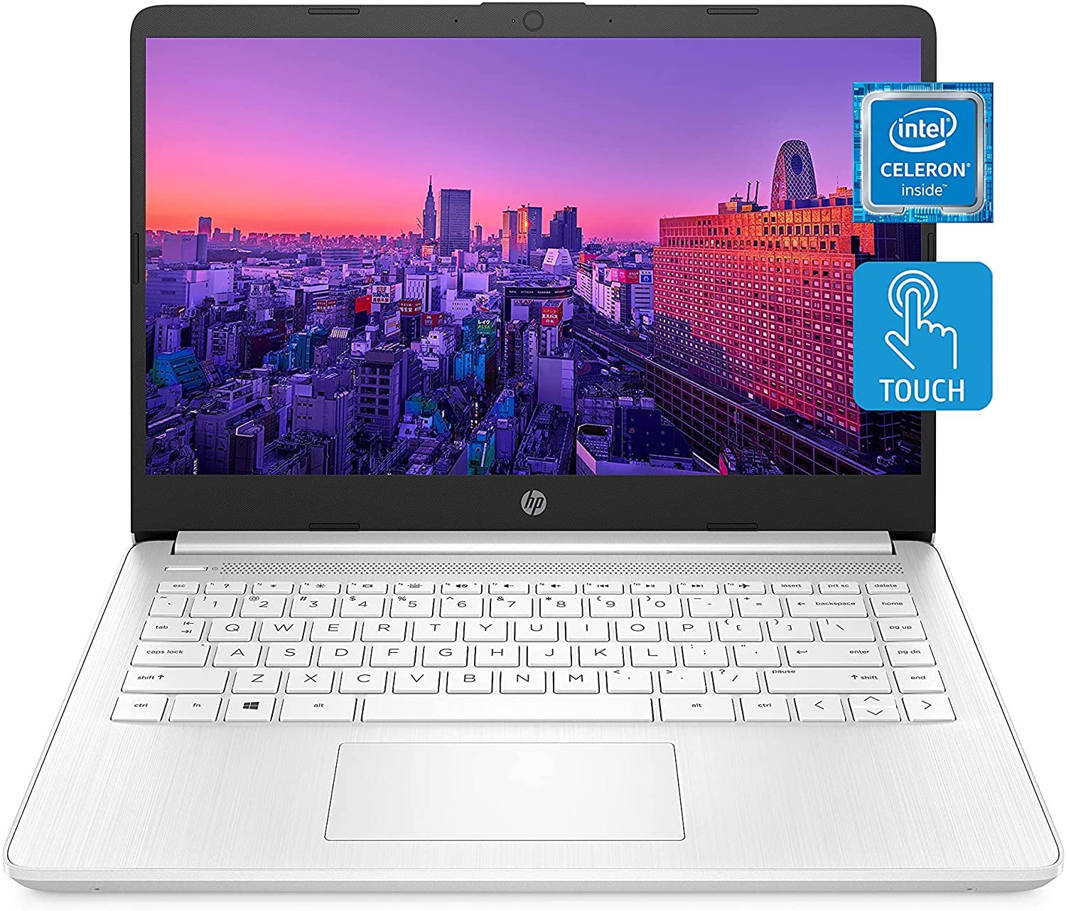 HP 14 Series 14" Touchscreen Laptop, 4GB RAM, 128GB Storage (64GB eMMC+64GB Card), Intel Celeron N4020, Intel UHD Graphics 600, WiFi, Webcam, 1-Year Office 365, Win 11, Snow White, W/GaLiMu