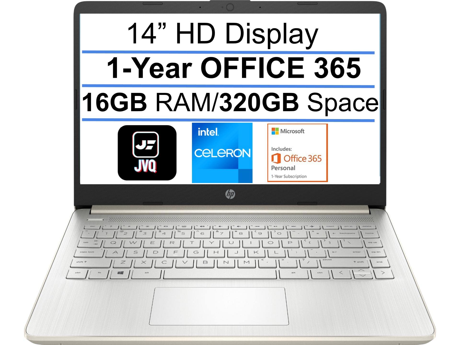 HP 2022 Newest Stream 14" HD Laptop, Intel Celeron N4020(up to 2.8GHz), 16GB RAM, 320GB Space(64GB eMMC+256GB Card), 1-Year Office 365, WiFi, HDMI, USB-C, Webcam, Bluetooth, Windows 10S, Gold+JVQ MP