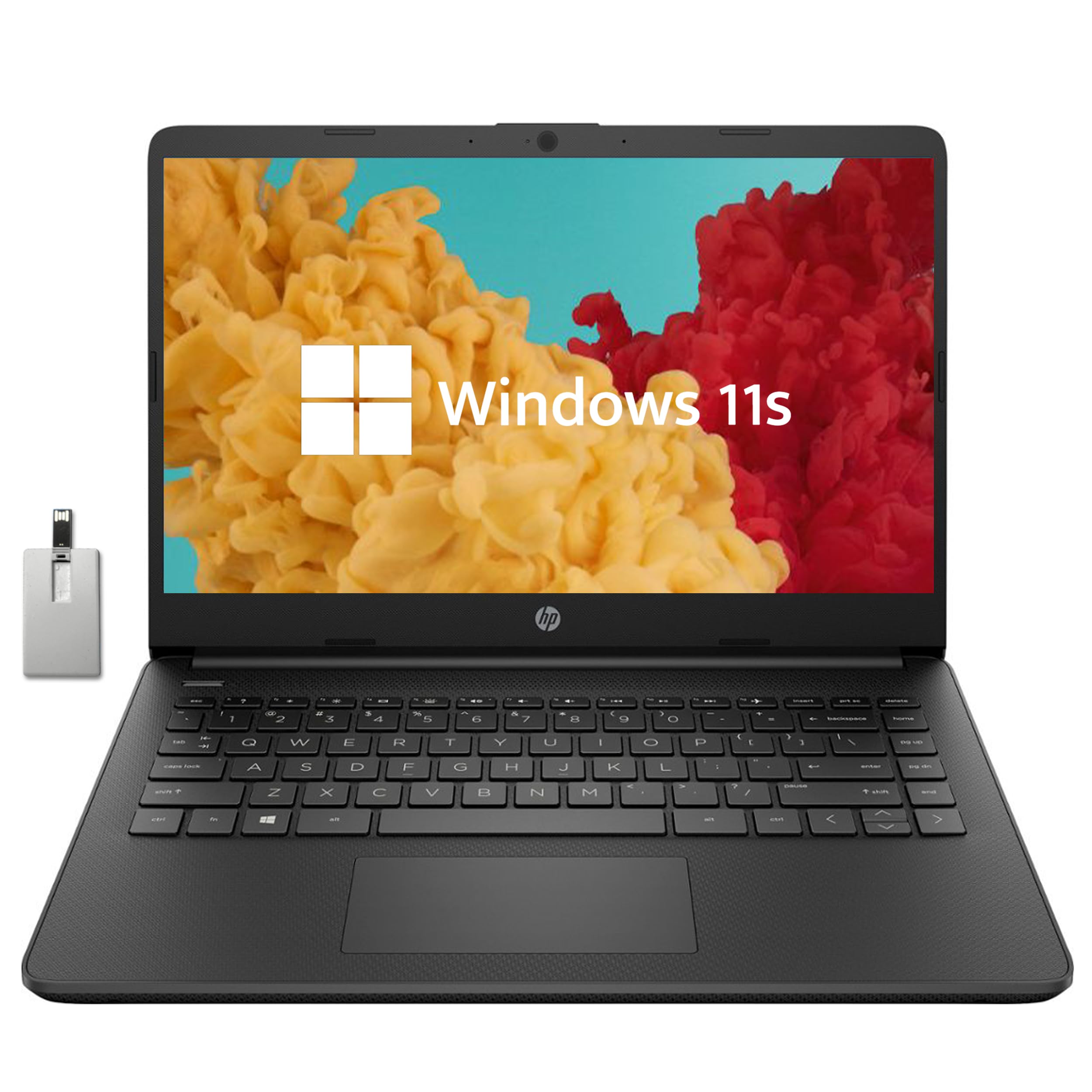 HP Stream 14" HD BrightView Laptop, Intel Celeron N4120, 16GB RAM, 64GB SSD, Intel HD Graphics, 720p Webcam, 1 year Office 365, Black, Win 11, 32GB Hotface USB Card