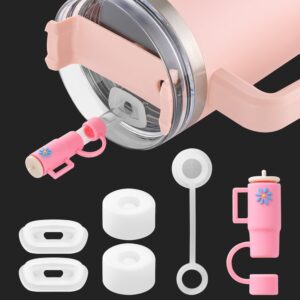 oushibu upgraded stanley spill stopper set stanley quencher 1.0/h2.0 w/ handle 30oz/40oz cup accessories，2 straw cover cap，2 square spill stopper & 2 round leak stopper (pink+white) (st20230516)