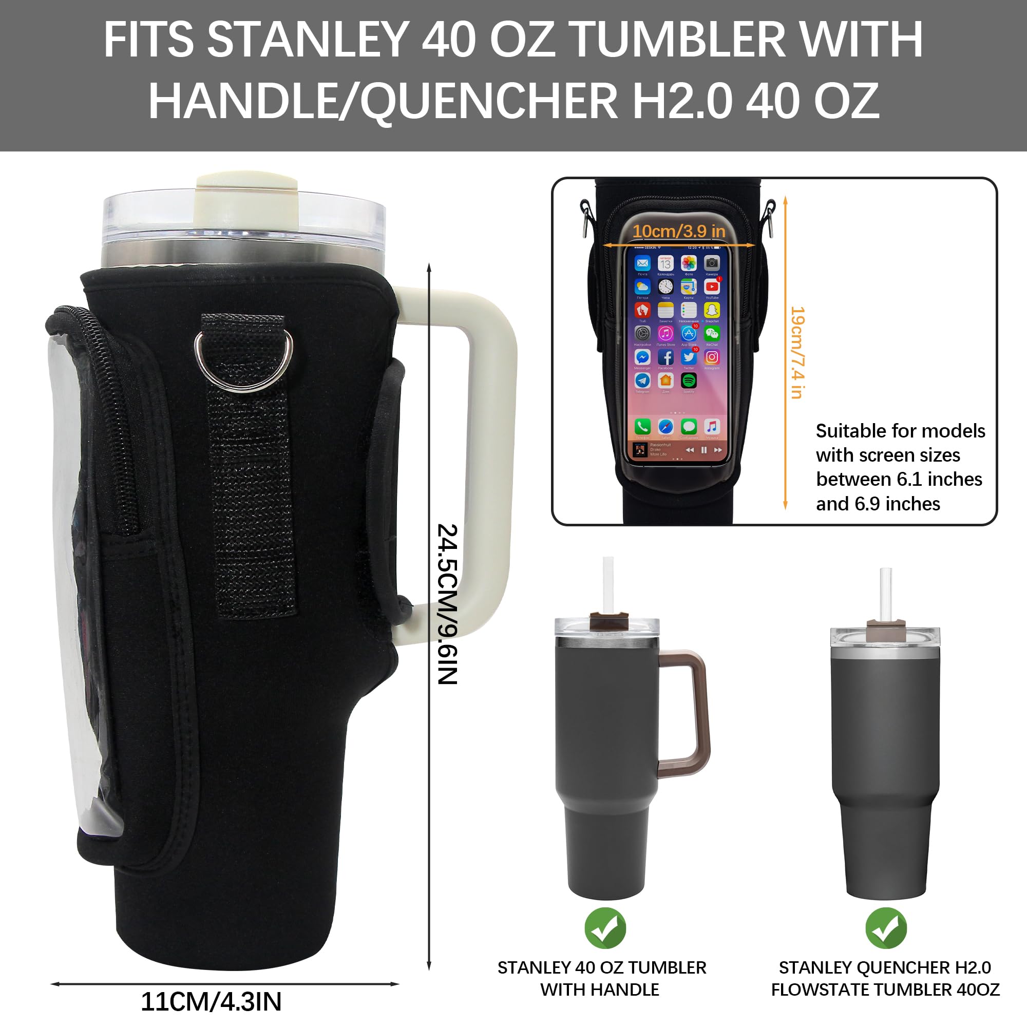 Water Bottle Holder Pouch with Strap for Stanley Quencher H2.0 and Adventure 40 oz Tumbler, Water Bottle Carrier Bag with Phone Pocket and 4 Stainless Steel Straws for Tumbler with Handle Accessories