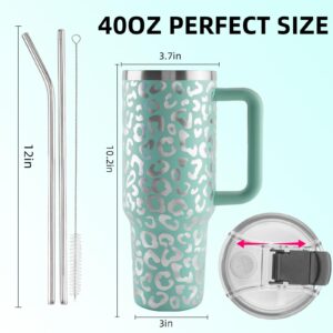 JTL-ADMCW 40 oz tumbler with handle and straw,Insulated Double Walled Stainless Steel Travel Mug,Reusable Vacuum Tumbler,Coffee Travel Mug for Office Portable Insulated Beer Cup-Leopard Green Tumbler