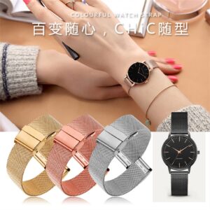 COEPMG Milanese Loop Female Simple watchband 12 13 14 15 16 17 18 19 20 22mm Metal Weave Fashion Trend Bracelet for DW AR watchband (Color : Gold, Size : 17mm)