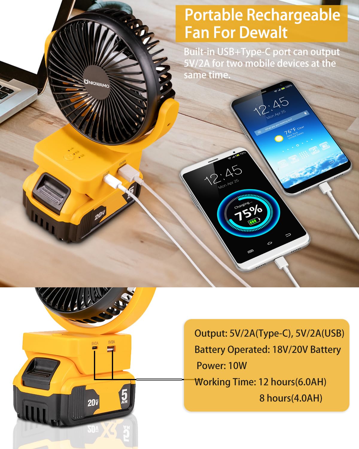 Uniqwamo Handheld Power Spreader/Jobsite Battery Operated Fan for Dewalt 18V/20V