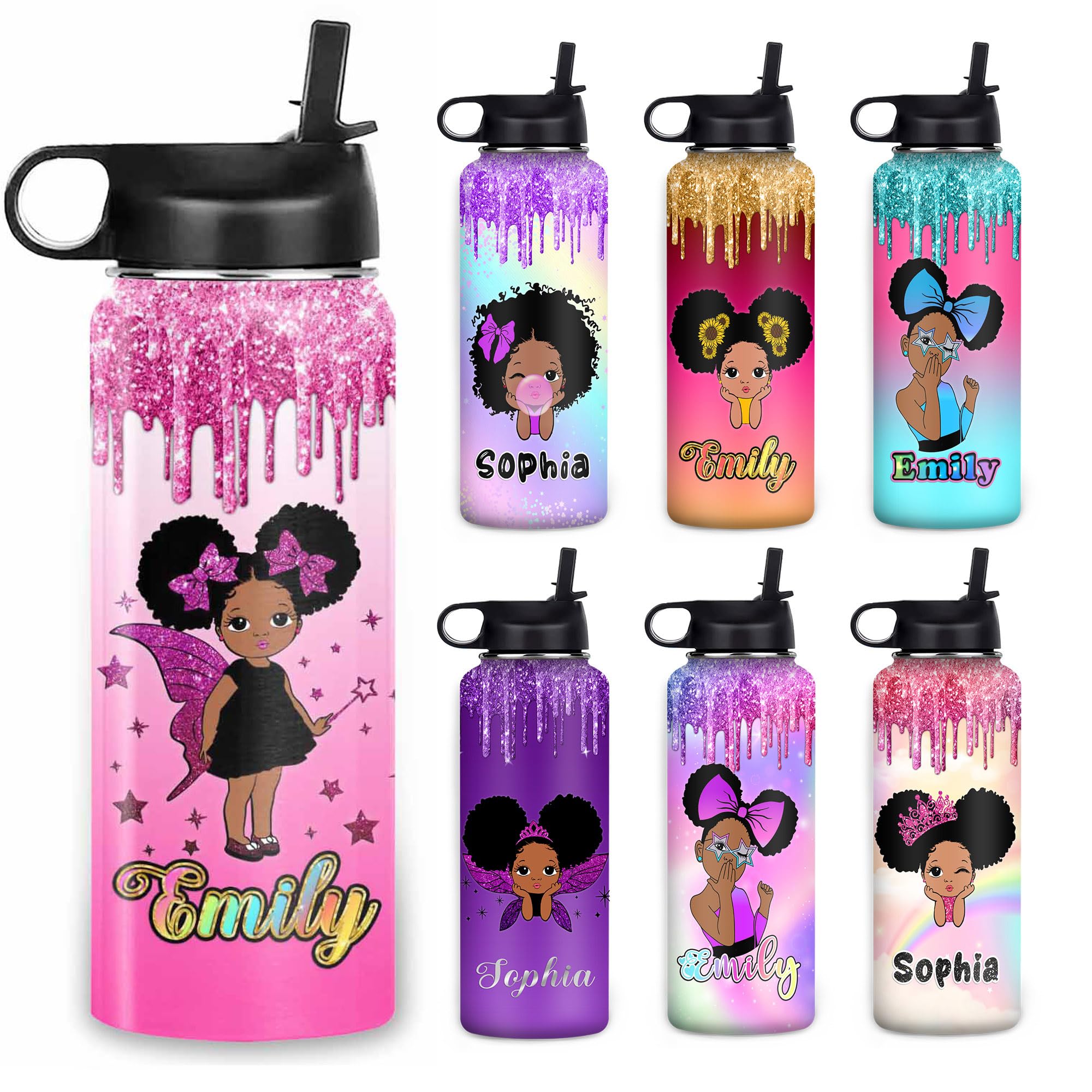 Caisuedawn Personalized Girls Water Bottle Print 18oz/32oz Custom Name Stainless Steel for Kid Sport Water Bottle with Straw Insulated Handle Waterbottle Gift for Teen School Sports Travel