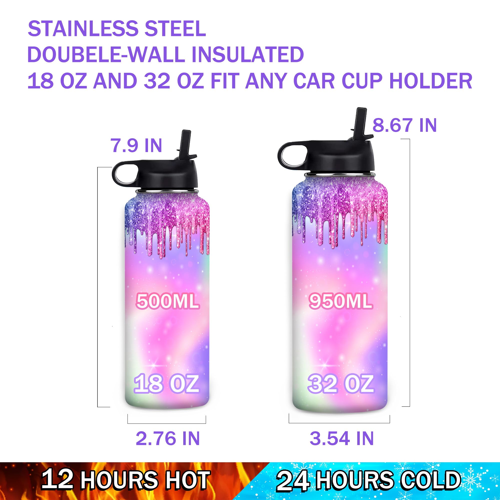 Caisuedawn Personalized Girls Water Bottle Print 18oz/32oz Custom Name Stainless Steel for Kid Sport Water Bottle with Straw Insulated Handle Waterbottle Gift for Teen School Sports Travel