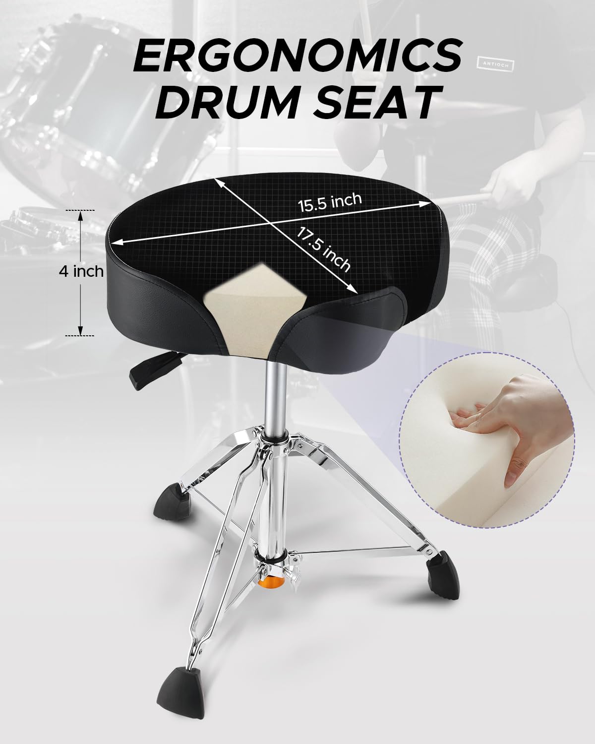 Starfavor Drum Throne Airlift Height Adjustable Padded Seat Drum Stool, Heavy Duty Hydraulic Drum Throne Seat Motocycle Style, with Double Braced Anti-Slip Feet Saddle Drum Seat, ST-700