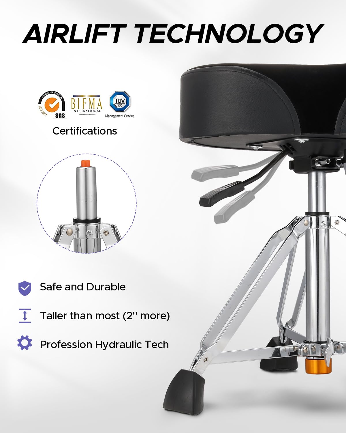 Starfavor Drum Throne Airlift Height Adjustable Padded Seat Drum Stool, Heavy Duty Hydraulic Drum Throne Seat Motocycle Style, with Double Braced Anti-Slip Feet Saddle Drum Seat, ST-700