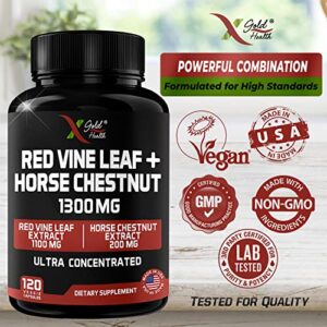 Red Vine Leaf + Horse Chestnut Extract Supplement 1300mg - 120 Veggie Caps: Ultra Concentrated Red Vine Leaf + Horse Chestnut Health Supplements | Powerful Combination | Made in USA | 60 Days Supply