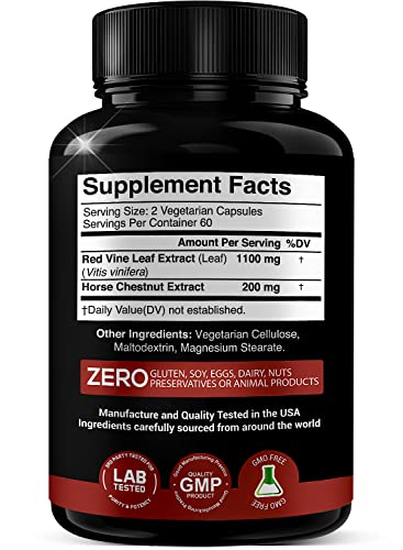 Red Vine Leaf + Horse Chestnut Extract Supplement 1300mg - 120 Veggie Caps: Ultra Concentrated Red Vine Leaf + Horse Chestnut Health Supplements | Powerful Combination | Made in USA | 60 Days Supply