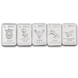 MINT STATE GOLD Three (3) One Gram .999 pure Silver Bars with random designs in a jewelry pouch