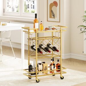 MAHANCRIS Gold Bar Cart, Home Bar Serving Cart, 3 Tier Drink Cart with 7 Wine Bottle Racks, Glass Holders, Beverage Cart on Wheels for Kitchen, Bar, Dining Room, Living Room, Outdoor, Glass, RCJ50B01