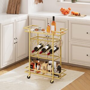 MAHANCRIS Gold Bar Cart, Home Bar Serving Cart, 3 Tier Drink Cart with 7 Wine Bottle Racks, Glass Holders, Beverage Cart on Wheels for Kitchen, Bar, Dining Room, Living Room, Outdoor, Glass, RCJ50B01