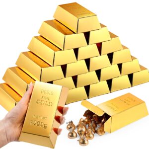 honoson 24 pcs gold bar fake gift box foil gold bar party favor boxes paper golden favor boxes treasure brick for pirate casino theme party decorations candy treats chocolate toys, 5.5 x 3.2 inches