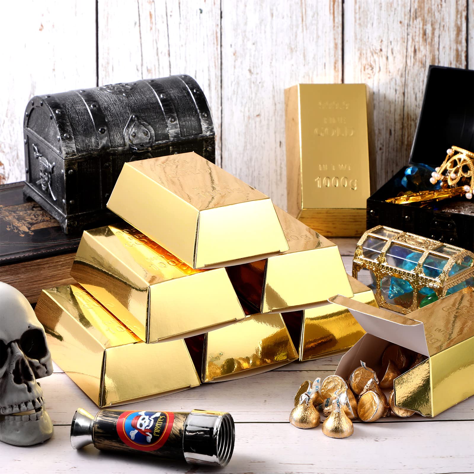 Honoson 24 Pcs Gold Bar Fake Gift Box Foil Gold Bar Party Favor Boxes Paper Golden Favor Boxes Treasure Brick for Pirate Casino Theme Party Decorations Candy Treats Chocolate Toys, 5.5 x 3.2 Inches