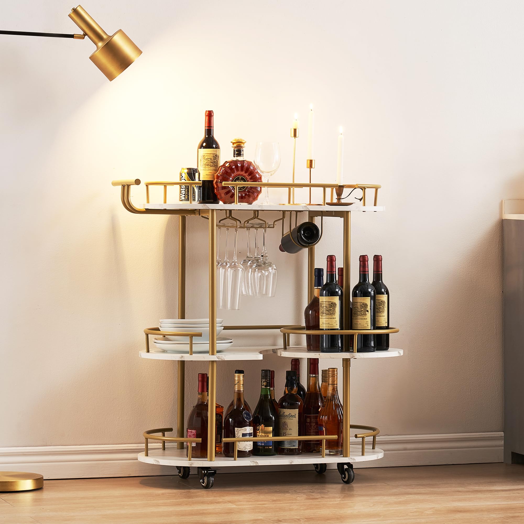 J-yaamiZz Gold Bar Carts with 4-Tier Storage Shelves, Mobile Bar Serving Cart with Wine Rack and Glass Holder for Kitchen, Living Room, Dining Room