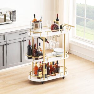 J-yaamiZz Gold Bar Carts with 4-Tier Storage Shelves, Mobile Bar Serving Cart with Wine Rack and Glass Holder for Kitchen, Living Room, Dining Room