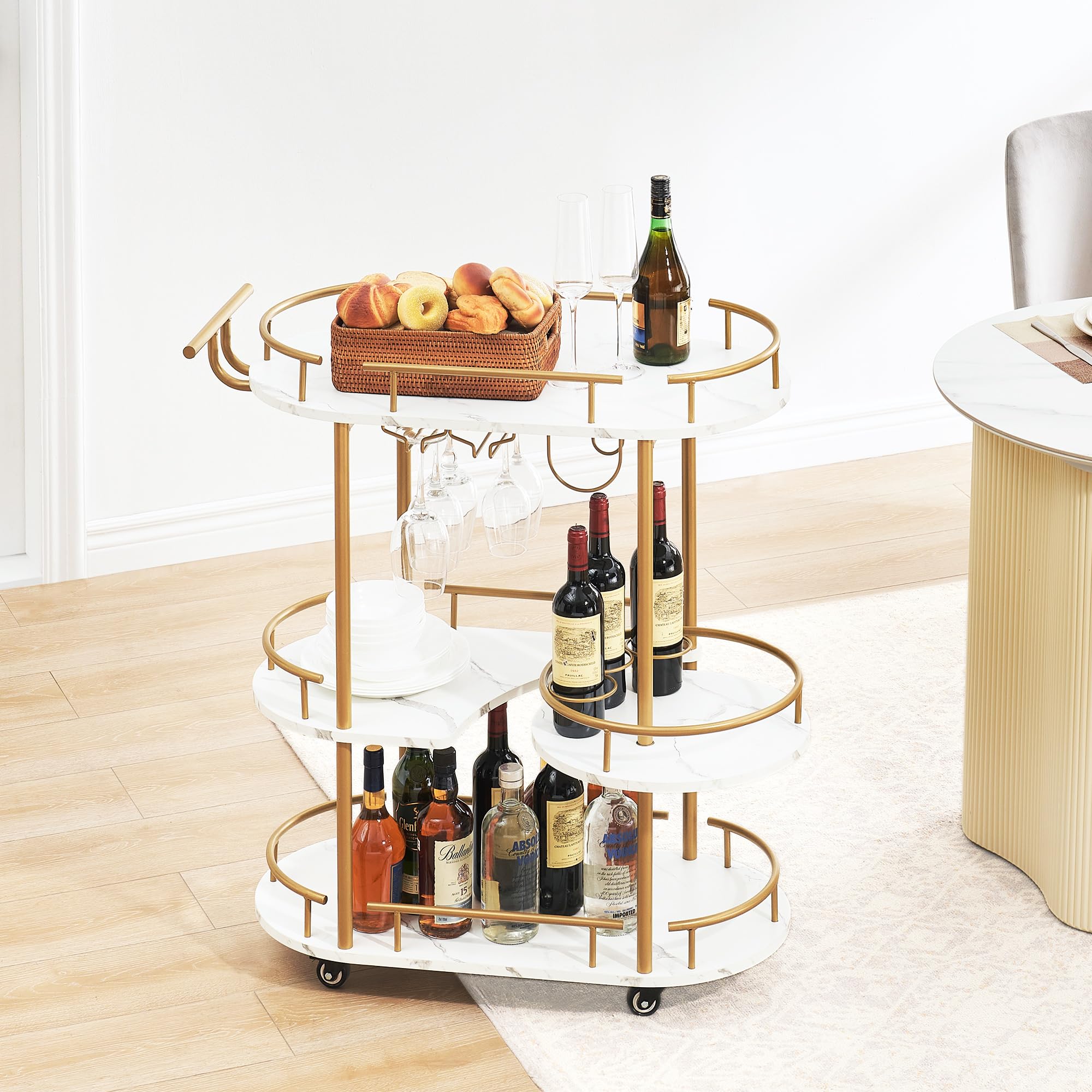 J-yaamiZz Gold Bar Carts with 4-Tier Storage Shelves, Mobile Bar Serving Cart with Wine Rack and Glass Holder for Kitchen, Living Room, Dining Room