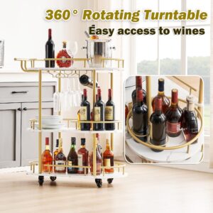 J-yaamiZz Gold Bar Carts with 4-Tier Storage Shelves, Mobile Bar Serving Cart with Wine Rack and Glass Holder for Kitchen, Living Room, Dining Room