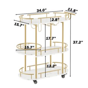 J-yaamiZz Gold Bar Carts with 4-Tier Storage Shelves, Mobile Bar Serving Cart with Wine Rack and Glass Holder for Kitchen, Living Room, Dining Room