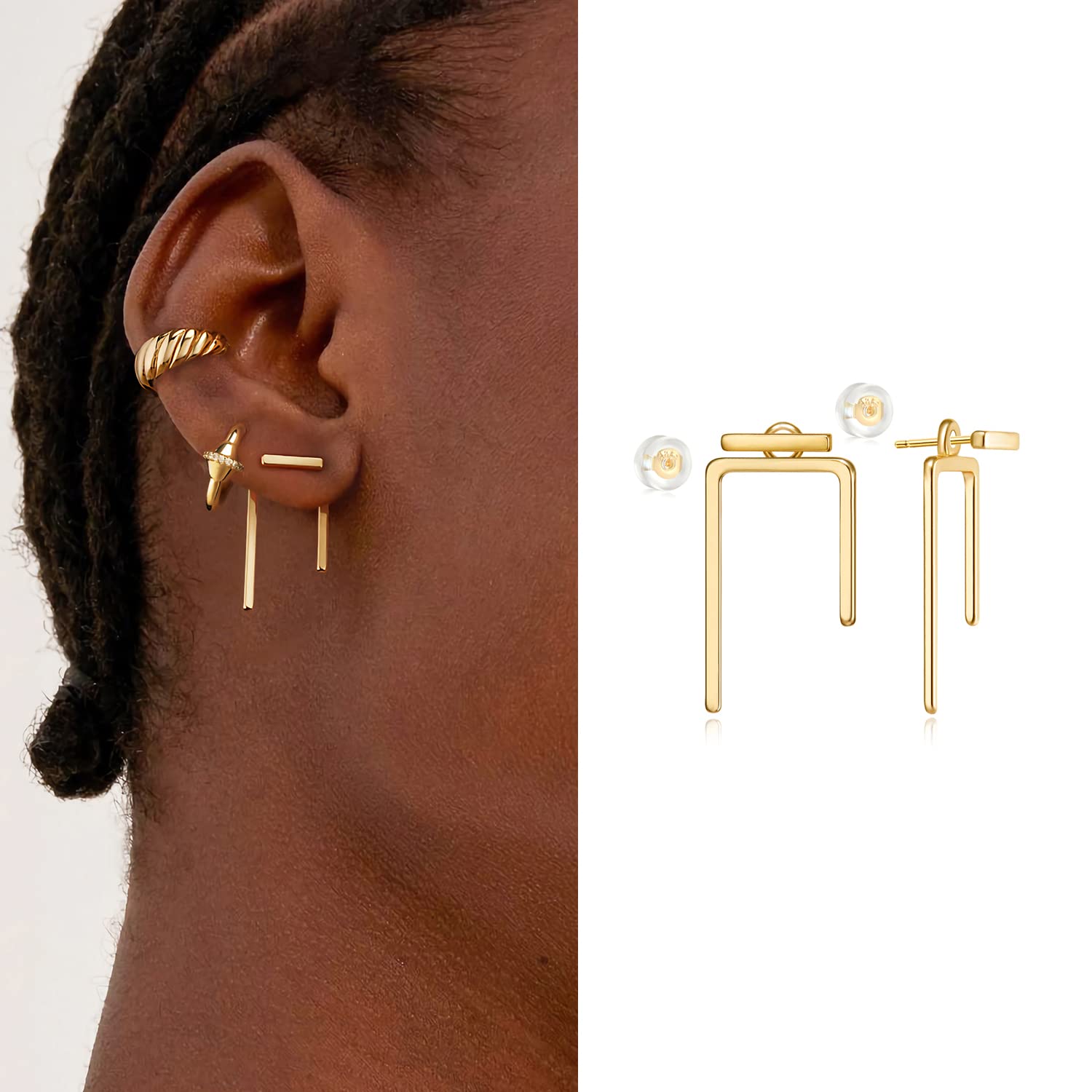 MYEARS Women Bar Earrings Gold Stud Ear Jacket 14K Gold Filled Small Simple Handmade Hypoallergenic Everyday Geometric Jewelry